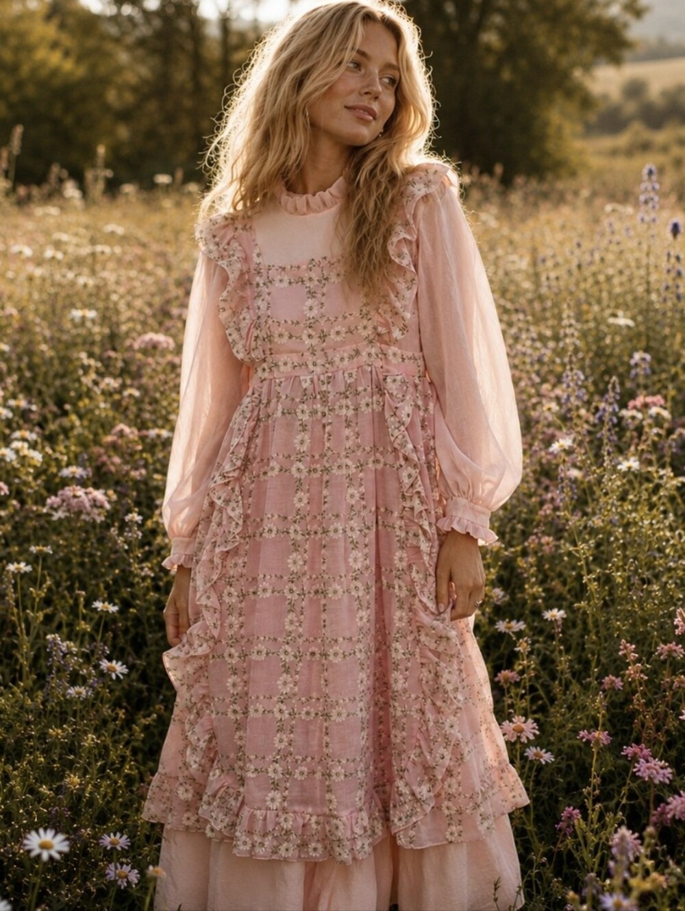 Vtg Emma Domb Peasant Dress 1970s Pinafore Pink Floral Prairiecore Layered Sz 9